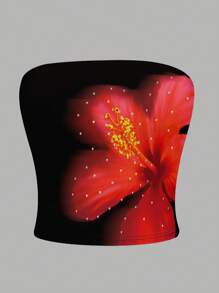 INAWLY Y2K 花卉印花简约风格日常抹胸，烫钻图案 - 彩色 - 查看 3