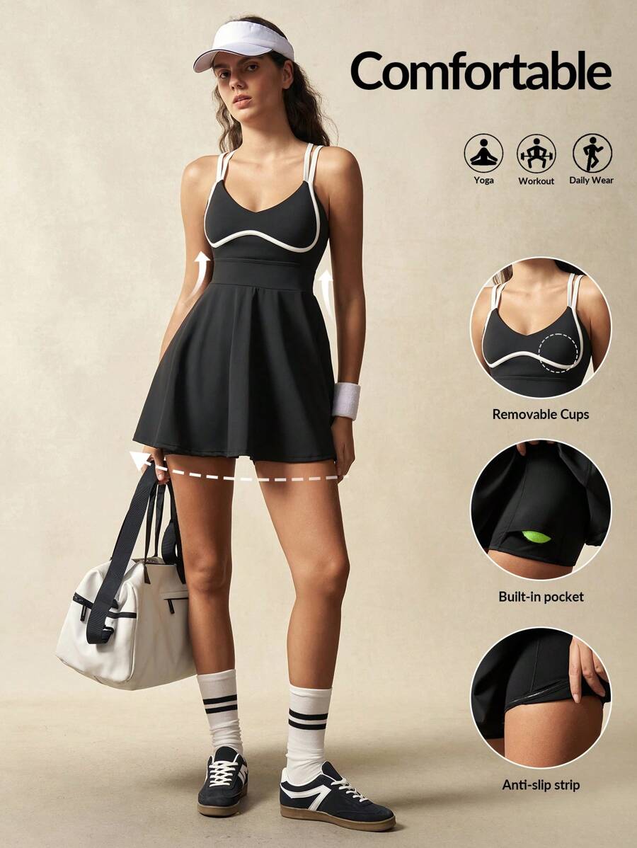 VARSIVA Women's Contrast Color Trim Spaghetti Strap Open Back Sleeveless Active Dress - Black and White - View 1