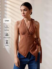 Uhlyne 女式休闲 V 领系带露背不对称亚麻衬衫 - 咖啡棕 - 查看 3