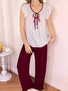 Dream Adore Conjunto de pijama con top de corbata al frente y pantalones con estampado de lunares y cuello contrastante con moño para mujer