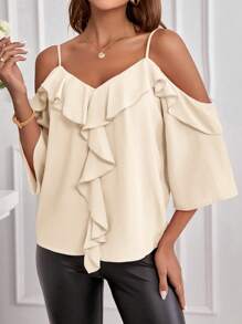SHEIN Clasi Camisa primaveral de mujer de unicolor con hombros descubiertos y volantes - Caqui - Ver 3