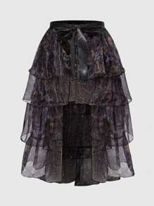 ROMWE Avant Plus Size High Waist Floral Pleated Vintage Palace Style Skirt - Multicolor - View 7