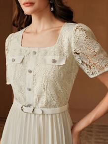 Anewsta Vestido elegante de mujer con mangas cortas, corte en A, parches de encaje y gasa - Beis - Ver 6