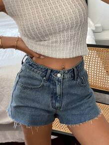 DAZY Women's Plain Pocket Frayed Hem Casual Denim Shorts Y2k - Dark Wash - View 6