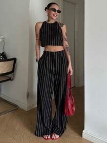 DAZY 2pcs Women Summer Casual Striped Halter Top And Pants Set - Black - View 1
