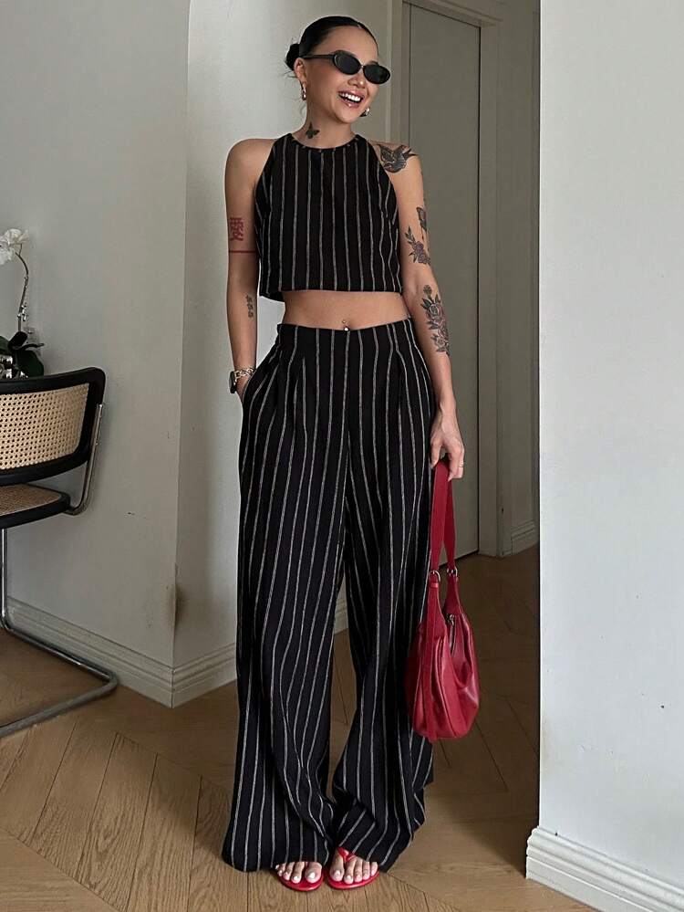 2pcs Women Summer Casual Striped Halter Top And Pants Set