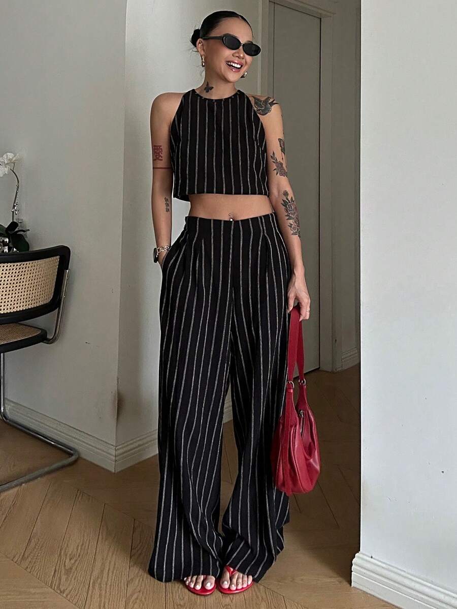 DAZY 2pcs Women Summer Casual Striped Halter Top And Pants Set - Black - View 1