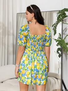 SHEIN EZwear 大码女式水果印花短款泡泡袖度假连体裤