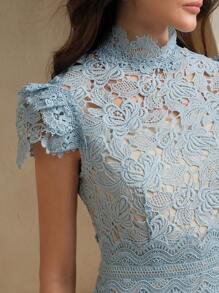 Anewsta Đầm ôm hở lưng nơ lớn ren thanh lịch, váy suông đi nghỉ - Màu xanh lam - Xem 5