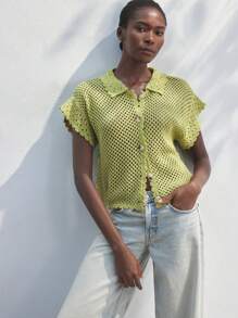 Maija 女士夏季休闲纯色镂空针织开衫，贝壳纽扣，复古夏威夷风格 - 綠色 - 查看 4