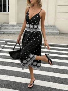 SHEIN Essnce Vestido de línea A con espalda descubierta, bordado hueco y colores contrastantes para el verano - Negro - Ver 4