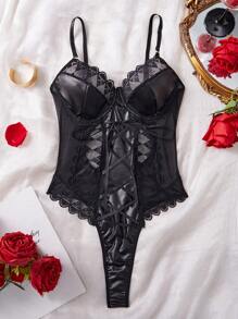 SHEIN 1 pièce Body sexy avec contraste de dentelle et de maille, laçage en PU avec armature pour femmes pour sortir, look - Noir - Voir 2