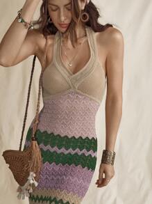 SHEIN LUNE Bohemian Style Multicolor Geometric Pattern Backless Mini Dress, American Country Resort Romantic - Multicolor - View 2