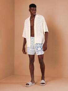 SUMWON Vacation Resort Swimming Trunks Summer Beach Boardshorts Palm Print Athletic Pool Swim Shorts Mediterranean Collection Swimming Pool Wear