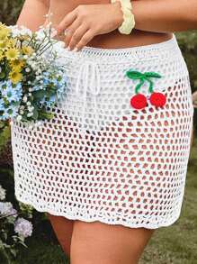 Swim Mod Plus Size Women Openwork Crochet Cover-Up Skirt For Summer Beach Vacation - White - View 1
