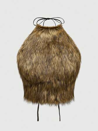 Grunge Punk Große Größen Y2K Faux Fell Stehkragen rückenfrei Trägertop, sexy Musikfestival