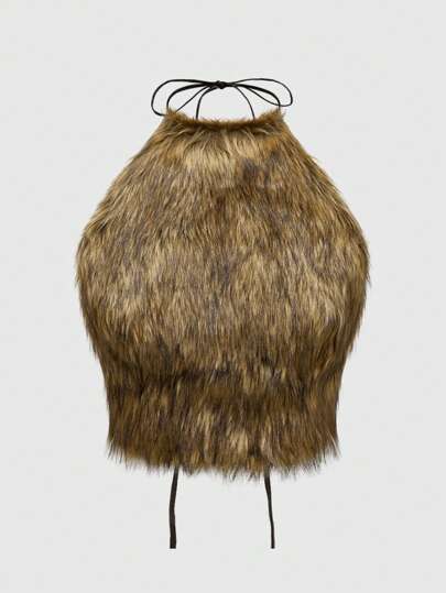 Grunge Punk Top senza schienale con collo alto in pelliccia sintetica, taglia comoda, stile Y2K, sexy per festival musicali