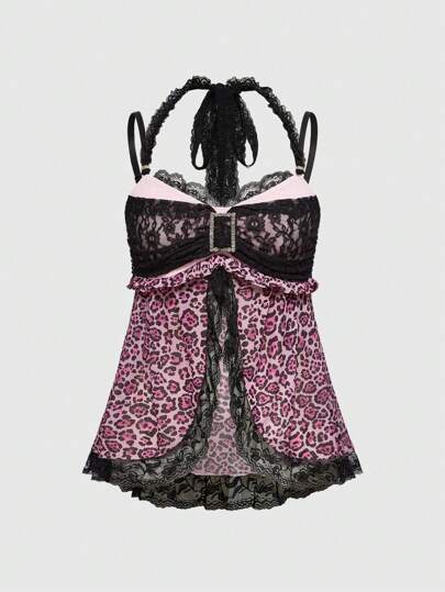 J-Fashion Abbie Gyaru Style Rhinestone Lace Patchwork Bow Leopard Print Ladies Tank Top, Sweet & Cute