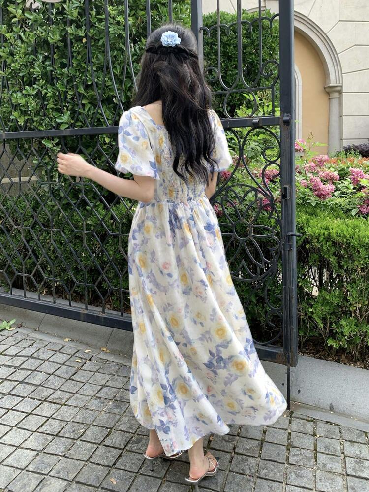 Women's Ditsy Floral Square Neck Short Sleeve Mid-Calf Dress, Spring/Summer Boho