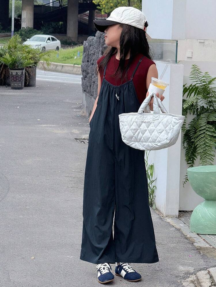 Tween Girls Solid Color Simple Short Sleeve Top And Bib Shorts 2 Pieces Set