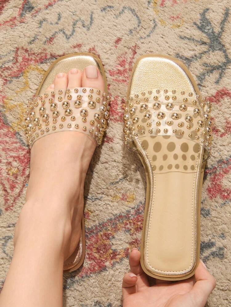 CUCCOO TILAWA Women's Elegant Simple Casual Flat Sandals With Metal Rivet Shape, Champagne Color For Summer Vacation, Beach, Meet-Up, Afternoon Tea