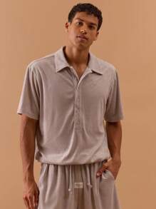 Musero Camisa polo con media abertura, cuello caído y hombros caídos, de toalla para hombres, para primavera, verano y vacaciones