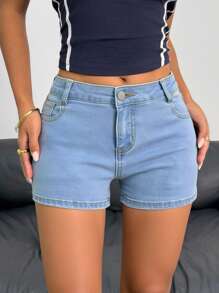SHEIN Quần short denim cơ bản cạp thấp, túi xéo, màu xanh nhạt, dành cho nữ tuổi teen phong cách Y2K, thích hợp cho kỳ nghỉ hè, đi biển, dã ngoại, hòa nhạc, tiệc tùng, đi nhà thờ, lễ tốt nghiệp, thời trang đường phố, chuẩn bị cho năm học mới. - Rửa nhẹ - Xem 5