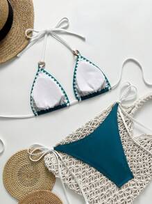 SHEIN Đồ bơi viền vỏ sò màu xanh quân đội dành cho nữ - Màu xanh lam - Xem 7