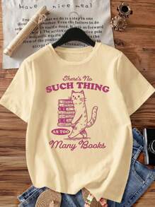 Women's Apricot Cute Cat Print Round Neck T-Shirt, Fashionable For Summer - Apricot - View 1