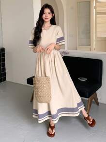 DAZY Women's Casual Holiday Colorblock Striped Dress,Teacher Outfits - Beige - View 8