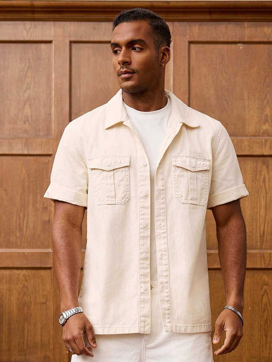 Manfinity Homme 男士夏季休闲度假单排扣休闲牛仔衬衫带口袋男士夏季衬衫男士夏季纽扣衬衫 - 杏色 - 查看 1
