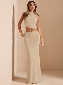 SHEIN BAE 2pcs Set Women's Solid White Asymmetric Twist Ruched Crop Top & High-Waist Ruched Pencil Skirt, Knitted White Suit, Bridesmaid Knitted Set, Back To School & Graduation Set, Vacation Set - Khaki - View 6