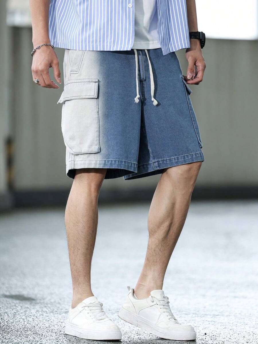 Manfinity Homme 男式休闲街头风格渐变色工装松紧腰抽绳牛仔短裤 - 藍色 - 查看 1