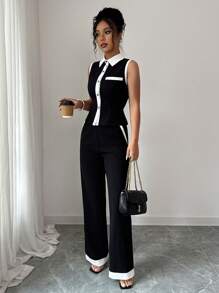 Elenzga Summer Autumn New Elegant Casual Slim Fit Splice Shirt Collar Sleeveless Open Front Short Top T-Shirt And Straight Pocket Knit Pants Women 2 Pieces Set - Black and White - View 4