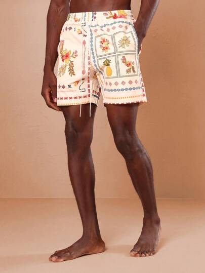 SUMWON Summer Vacation Beach Shorts Hawaiian Pineapple Floral Print Drawstring Swim Trunks Holiday Resort Surf Board Shorts Athletic Swimwear Festival Pool Party