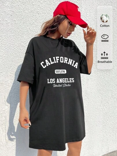 SHEIN EZwear 休闲加州洛杉矶字母标语宽松圆领短袖迷你连衣裙，棉混纺，适合夏季，复古风