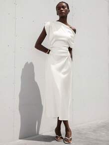 Aveloria Modichic Đầm dài bằng vải satin chéo vai không đối xứng cổ nhún eo thiết kế cho nữ - trắng - Xem 3
