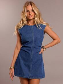 SHEIN Forever 21 夏季新款圆领无袖腰A字牛仔水洗女式迷你连衣裙