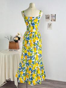 INAWLY Women's Resort Single Breasted Strap Lemon Print Dress - Multicolor - View 2