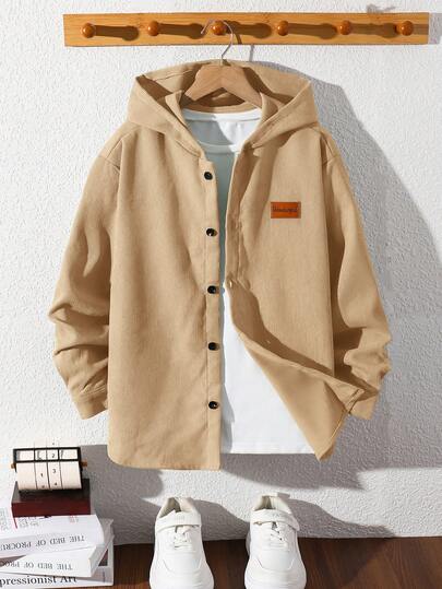 SHEIN 男童超大休闲灯芯绒贴花连帽衫