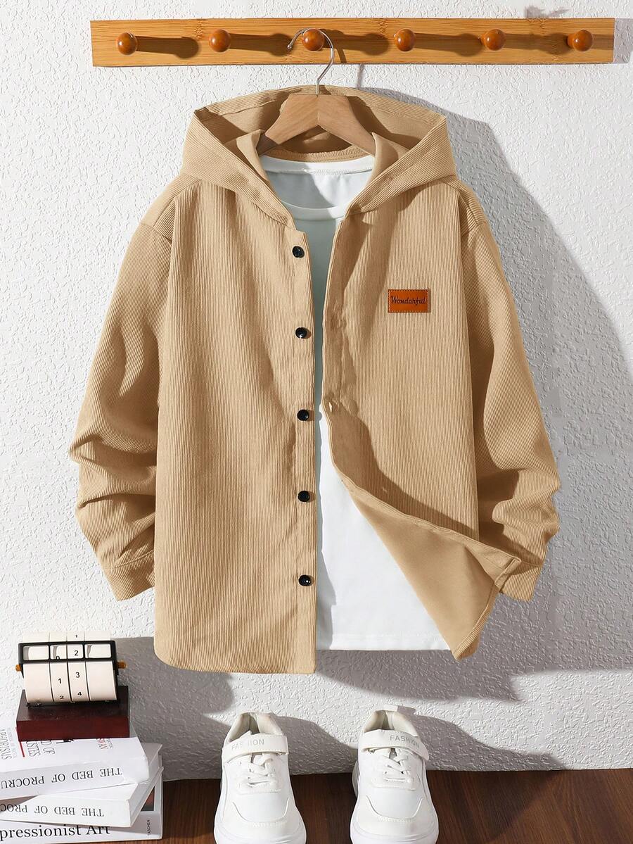 SHEIN Hoodie Kasual Longgar Berbahan Korduroi dengan Aplikasi untuk Anak Laki-laki, Cocok untuk Musim Gugur dan Musim Dingin - Aprikot - View 1