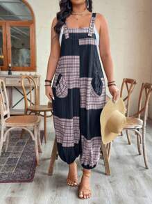 SHEIN Clasi Plus Size Women's Plaid Pocket Loose Wide Leg Jumpsuit With Straps Women Summer Clothing Women Summer Jumpsuit Woman S Summer Clothes Women S Clothes Work Summer Jumpsuit Women Short Jumpsuit Summer Women Summer Sets Women Plus Clothing Formal Women Casual Jumpsuit - Grey - View 4