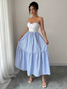 Elenzga Women's Elegant Romantic Sleeveless Patchwork A-Line Striped Dress