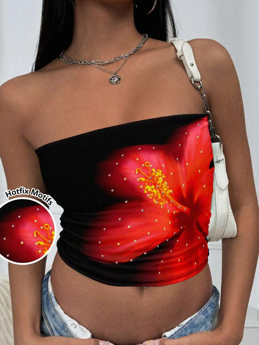 INAWLY Y2K 花卉印花简约风格日常抹胸，烫钻图案 - 彩色 - 查看 1