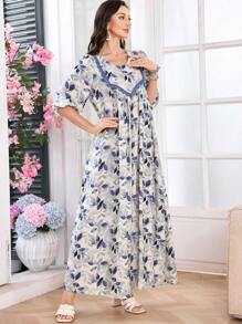 SHEIN Lacomfia Women's Printed Round Neck Lace Trim Patchwork Flare Dress - Blue - View 4