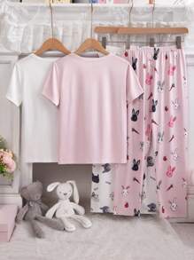 SHEIN 4 件套少女睡衣套装，短袖上衣和长裤，可爱的兔子和猫咪图案，柔软舒适的面料，简约风格，易于混搭，适合所有季节（2 套单独出售） - 彩色 - 查看 2