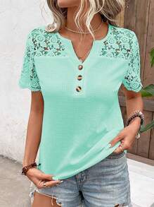 SHEIN LUNE Áo thun nữ thanh lịch có ren chèn cổ chữ V tay ngắn, dành cho mùa hè - Màu xanh Cadet - Xem 3