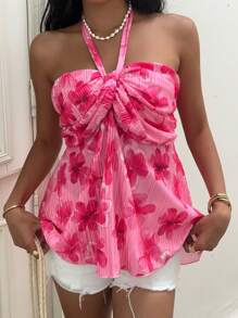 SHEIN EZwear Áo cổ yếm xếp ly họa tiết hoa ngày lễ cho nữ - Màu Hồng  Dưa hấu - Xem 3