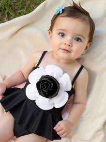 Baby Girl Floral Print Princess Style One-Piece Swimsuit - Black - View 1