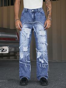 AXEPEAK Men's Casual Washed Distressed Straight Leg Jeans, Streetwear Style